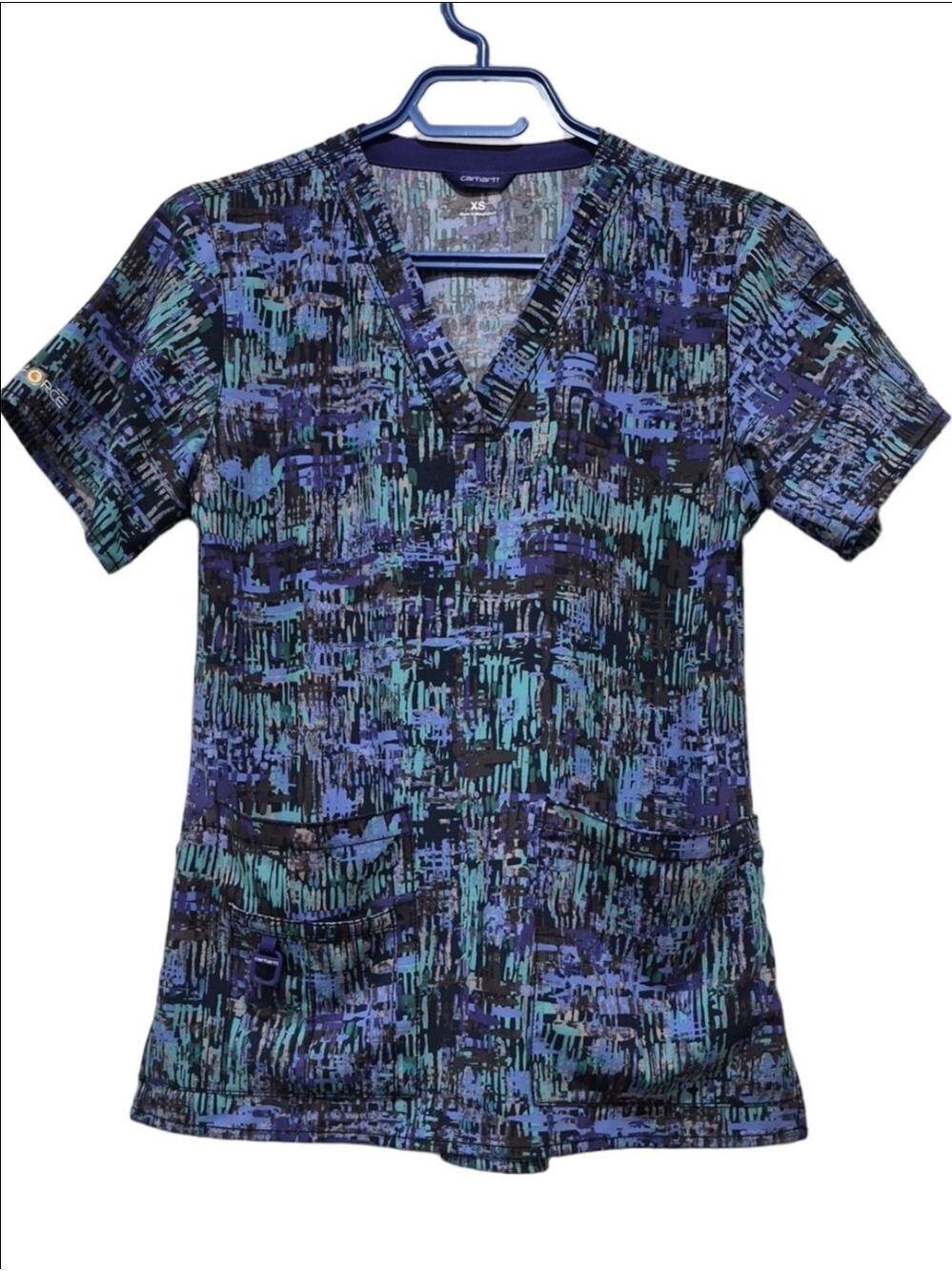 Carhartt Force Cross-Flex Scrub Top XS Women V-Neck Blue Teal Abstract Print